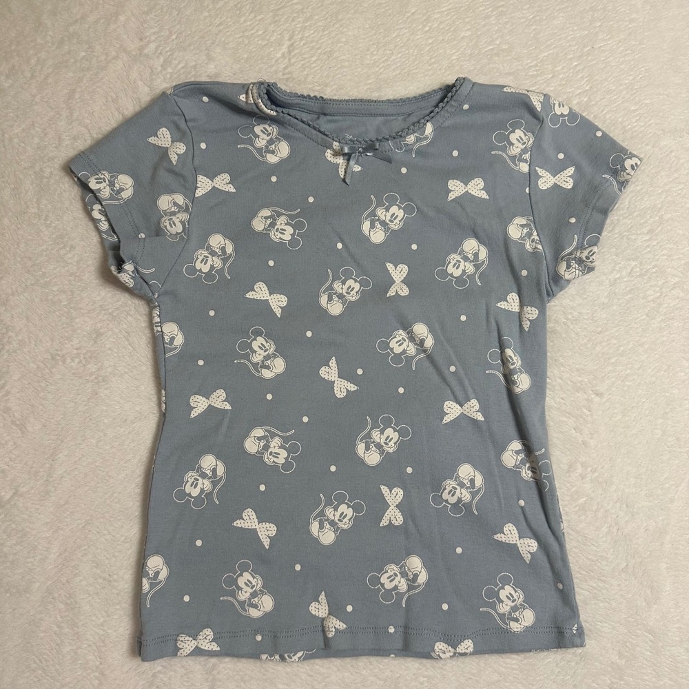 Disney Mickey & Friends Girls S Blue Short Sleeve T-Shirt Mickey Mouse Bows AOP